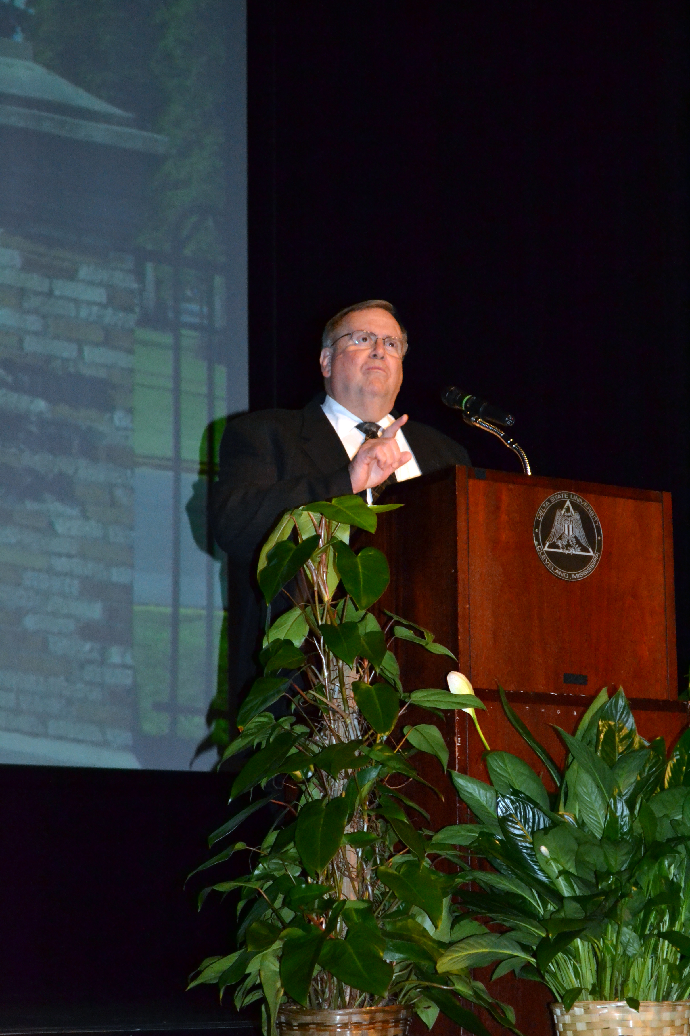 PHOTO:  Delta State President Dr. John M. Hilper delivers the State of the University address during opening convocation.